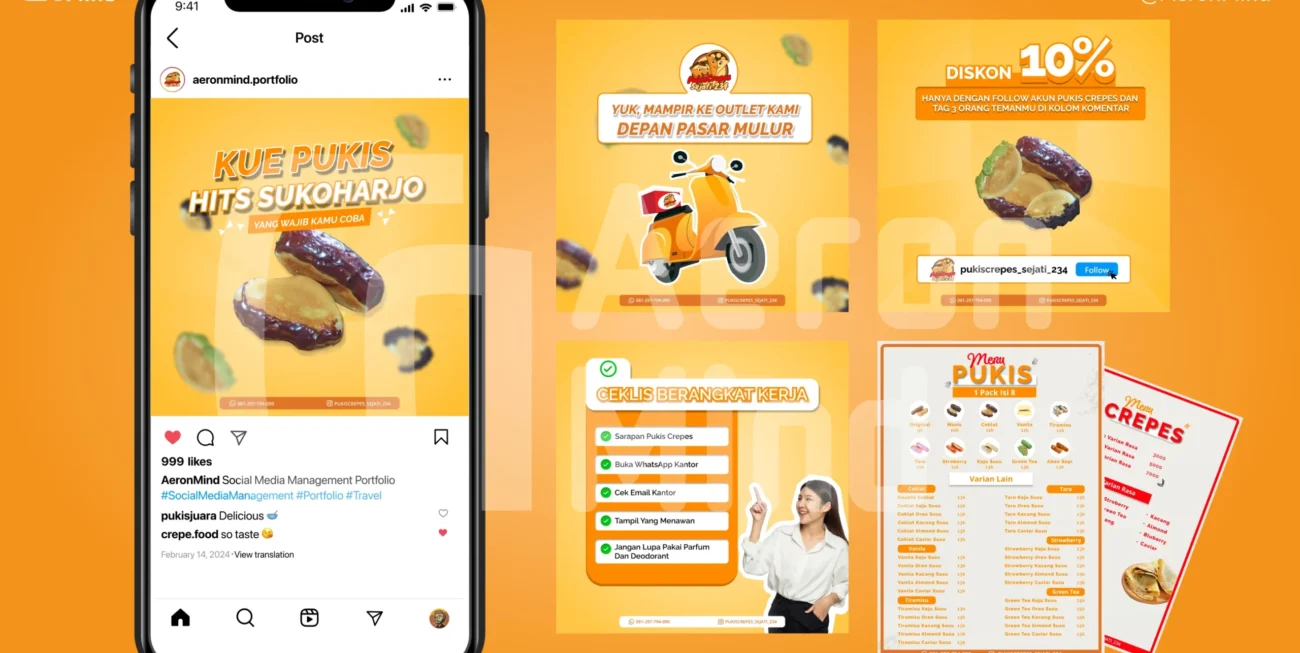 Pukis Crepes Sejati adalah bisnis UMKM yang menyajikan jajanan Pukis dan Crepes. Pembuatan desain konten untuk mengoptimalkan sosial media dan daftar harga dari menu yang disajikan.